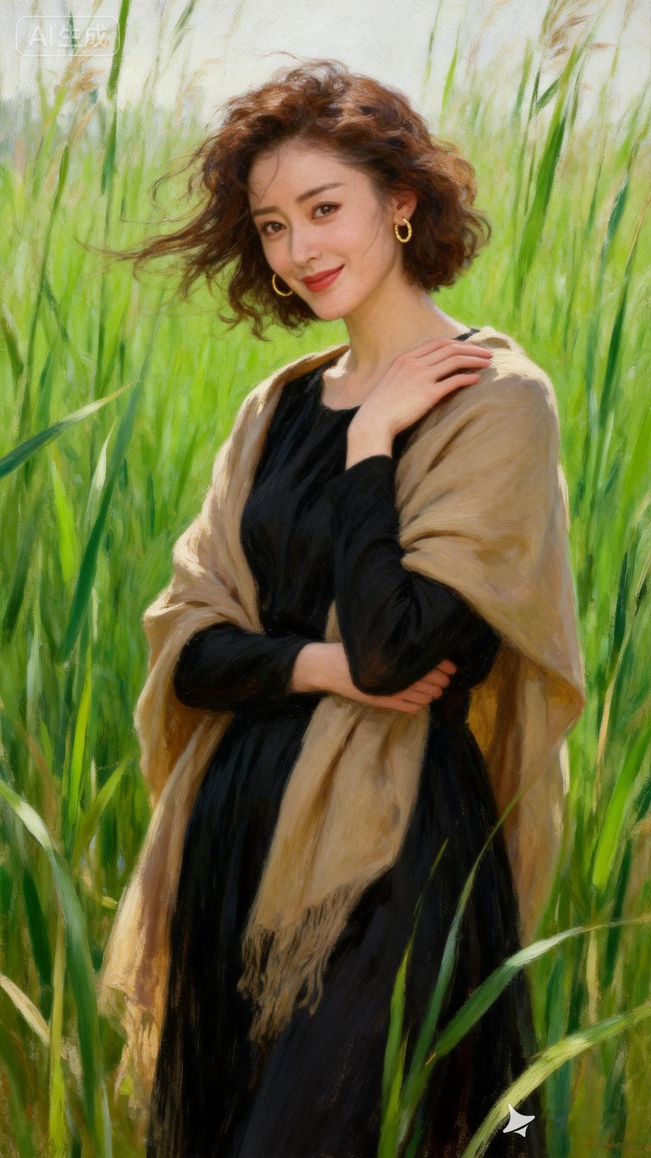 阳光下的温柔微笑，黑裙与草地的完美融合。