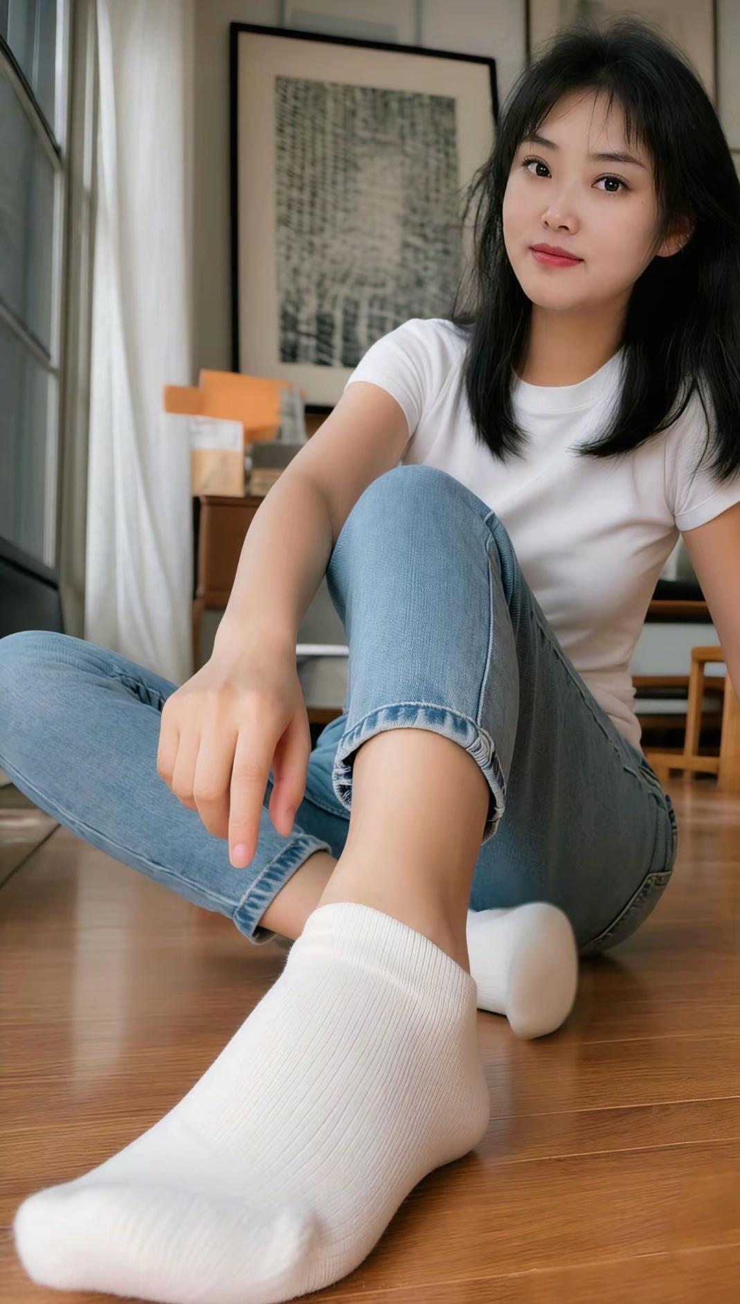 轻松舒适的居家时光，白色袜子的清新搭配，轻松自在！😊👏[抠鼻][抠鼻][呲牙