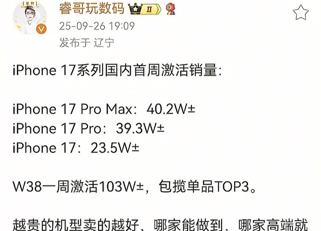 这是一个悲伤的故事。苹果17，一周激活量：23.5万部+苹果17Pro，一周