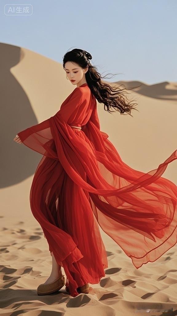 沙漠中的红衣仙子，飘逸的裙摆随风起舞。