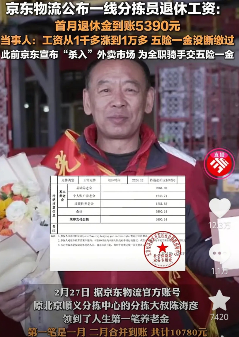 京东物流分拣员，工作15年，退休金每月5390元，要知道北京最低档交15年，退休