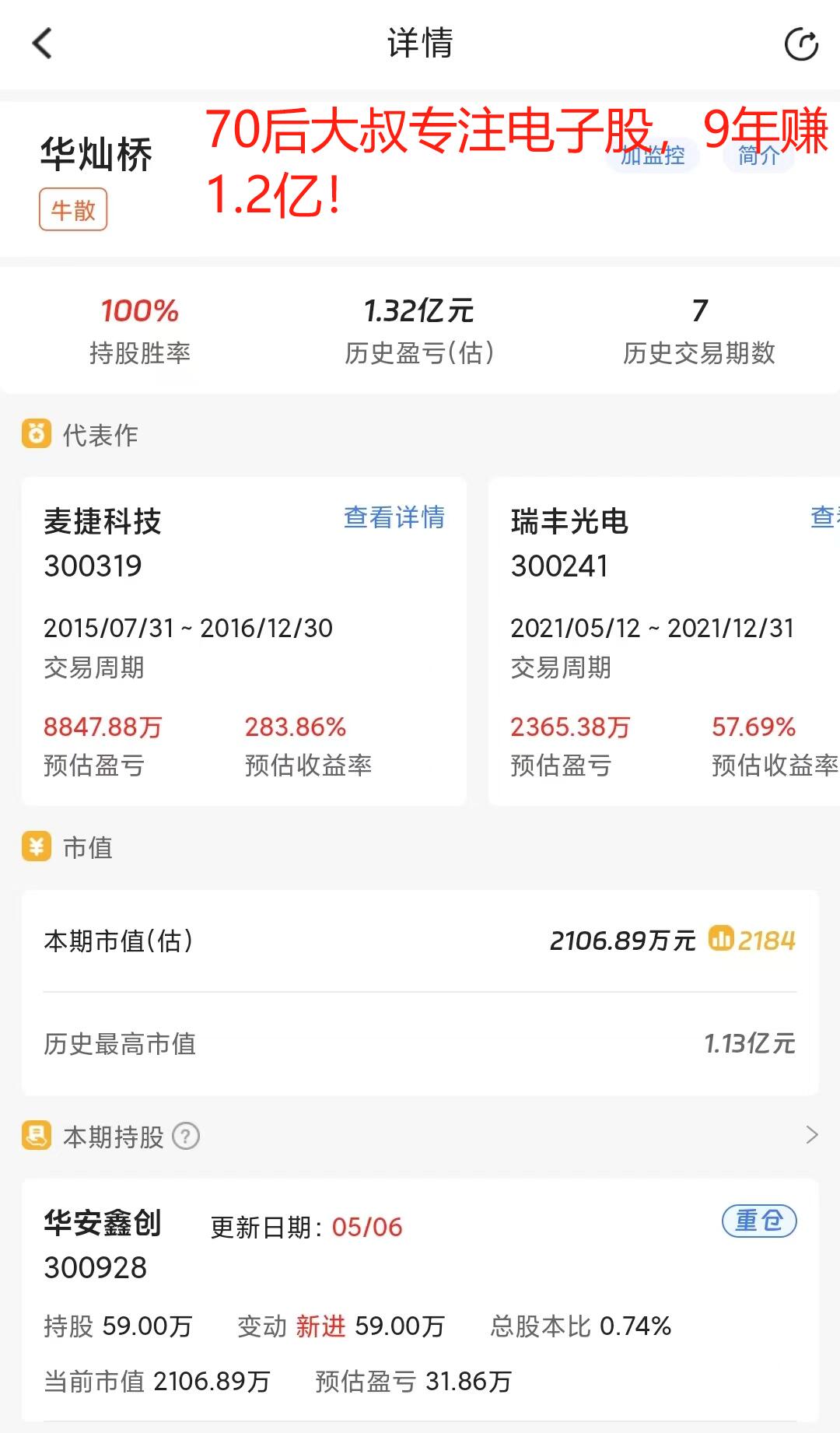 70后大哥专注电子股，9年赚1.2亿！