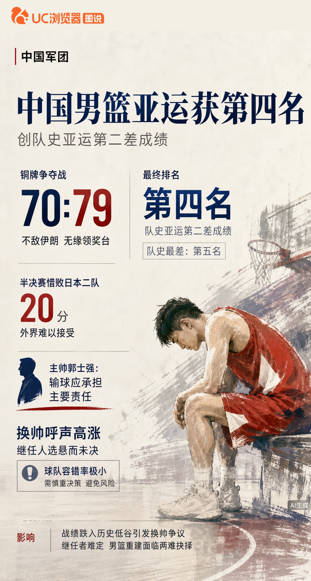 70-79遭伊朗逆转，中国男篮亚运第四创队史第二差。半决赛输日本二队20分，郭士强揽责但换帅人选悬而