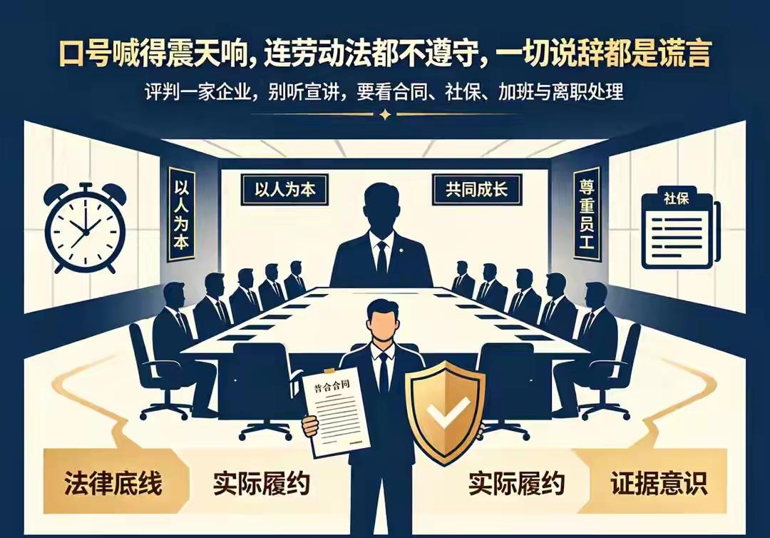 口号喊得震天响，连劳动法都不遵守，再动听的说辞本质上就是谎言。现实里不少企