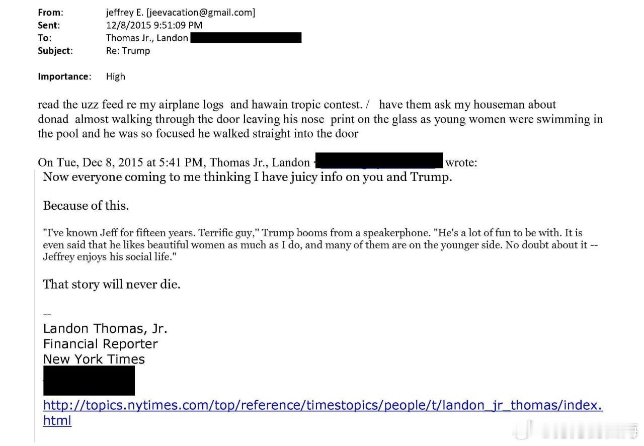 杰弗里·爱泼斯坦在2015年12月发给《纽约时报》记者托马斯·兰登的一封电子邮件