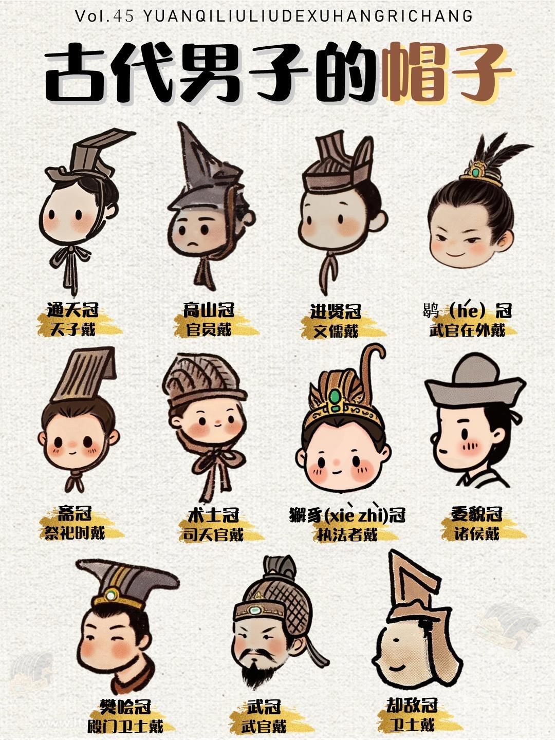 古代男子帽子，顶在头上的“身份名片”通天冠，天子戴高山冠，官员戴进贤冠，文儒戴