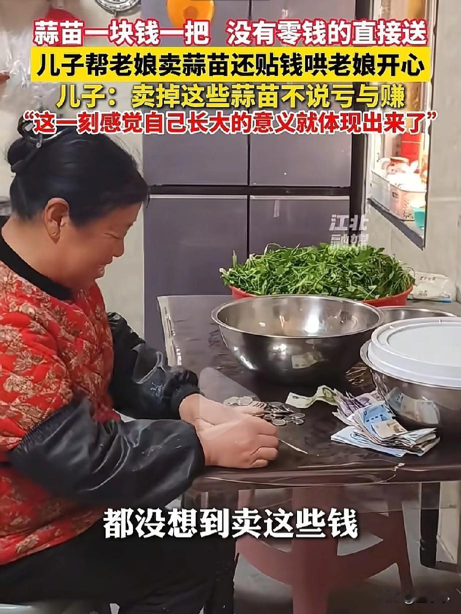 蒜苗一块钱一把，没有零钱的直接送！安徽，一男子帮老娘卖蒜苗，不仅不赚钱，还倒贴钱