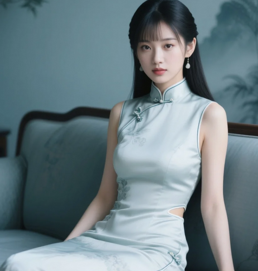 她撑伞走过长廊，风吹裙摆似水柔情
