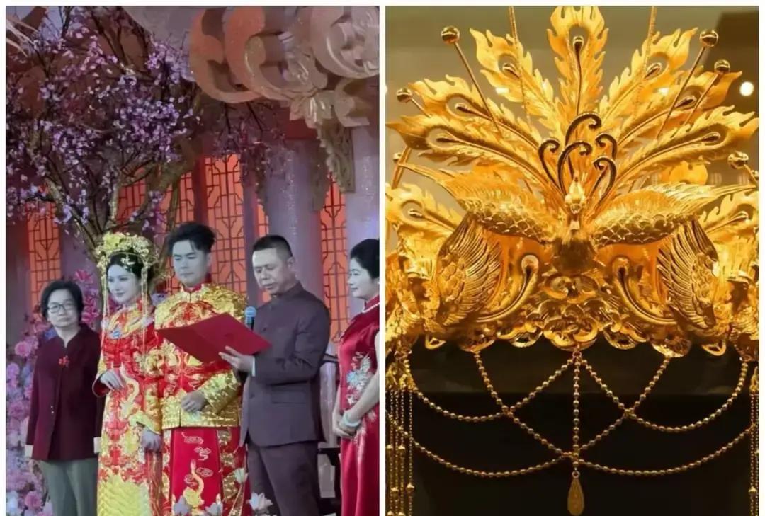 张凯毅刚晒出给老婆定制的黄金凤冠，二十多万手工费，金片羽毛闪到晃眼，评论区一水“