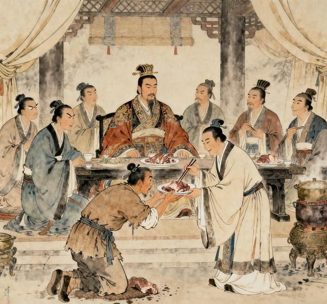 西晋末年，赵王司马伦举办宴会，宾客顾荣发现一旁侍立的厨子在咽口水，便将盘中的肉割