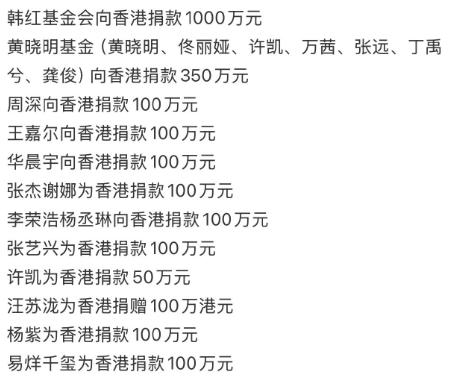 内娱艺人捐款支援香港名单公布。不少人吐槽：香港那么富，这又不是天灾，咋有种农