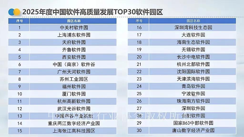 2025年度全国软件园高质量发展前三十强北京上海占据了前两席的位置，紧接着就是