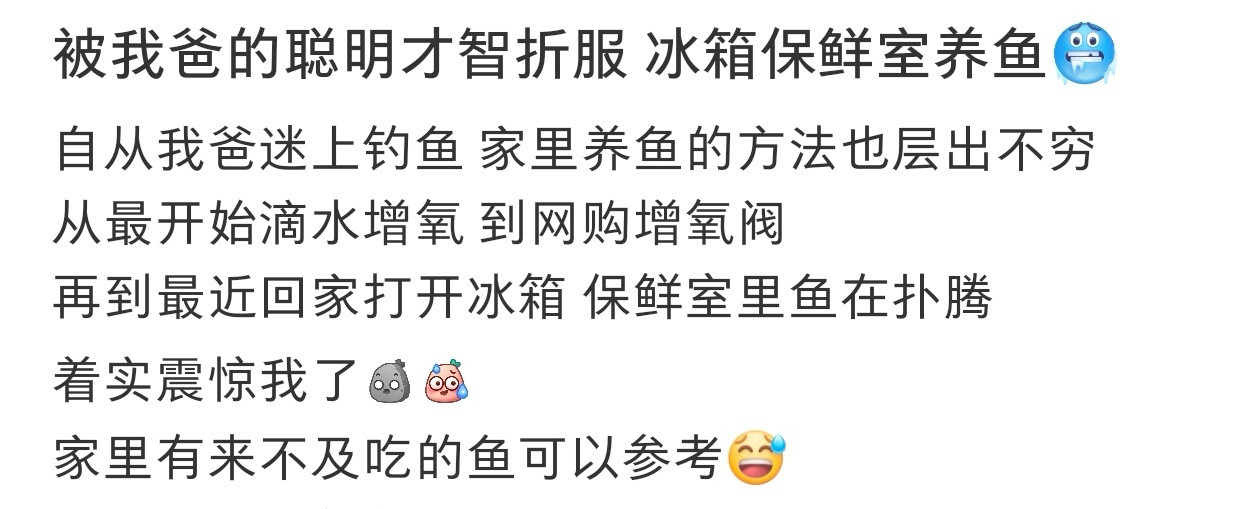 真的被我爸的聪明才智折服了，哈哈哈，居然想出用冰箱养鱼