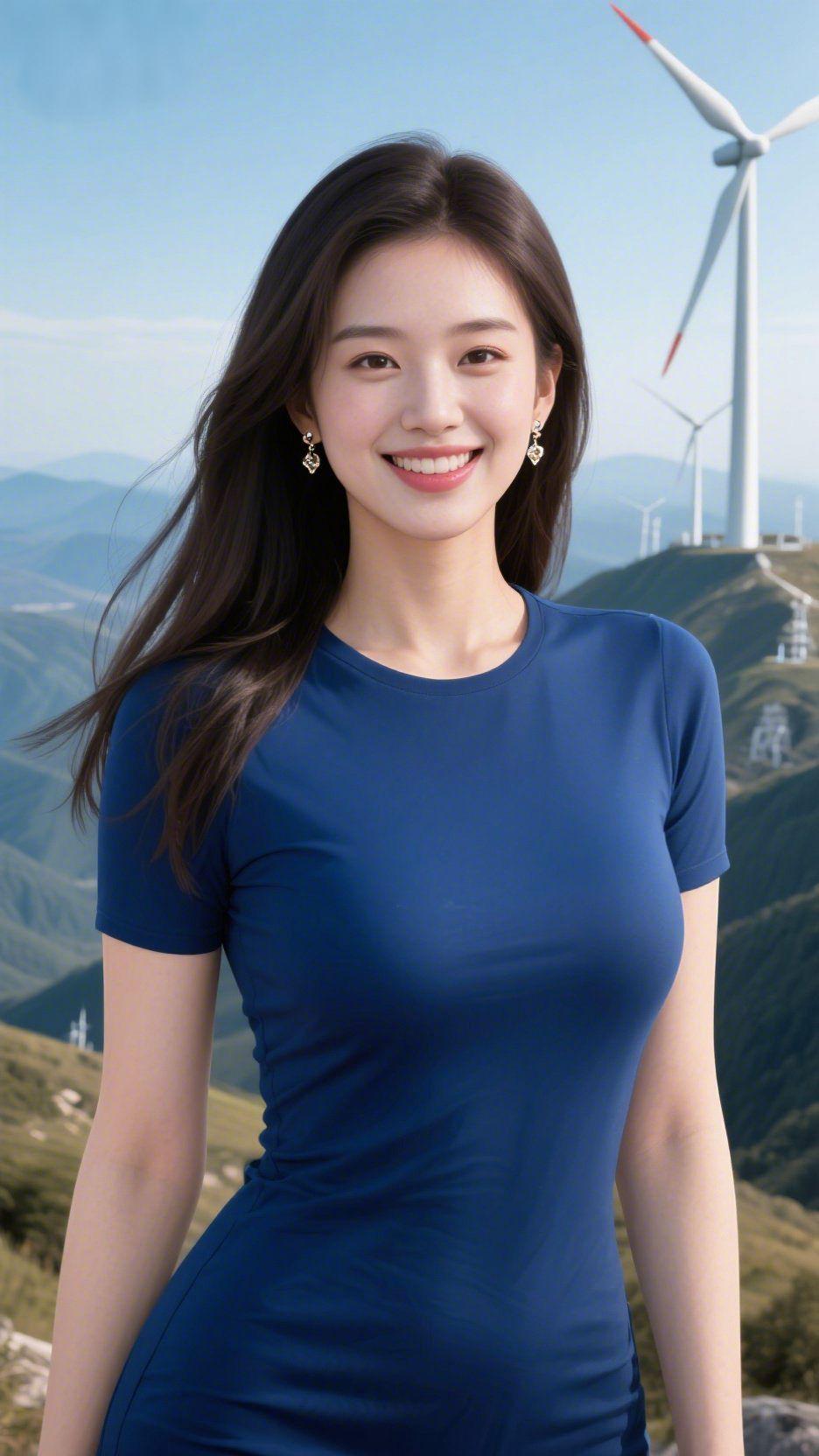 晴峦风电丽景晴空湛湛碧天悠，叠嶂层峦翠色流。远岭横空开峻景，清风穿壑过芳