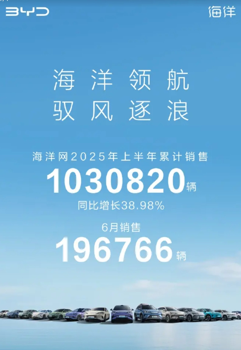 比亚迪海洋网六月份成绩单出炉。196766万辆，一般般了，落后吉利和奇瑞的2