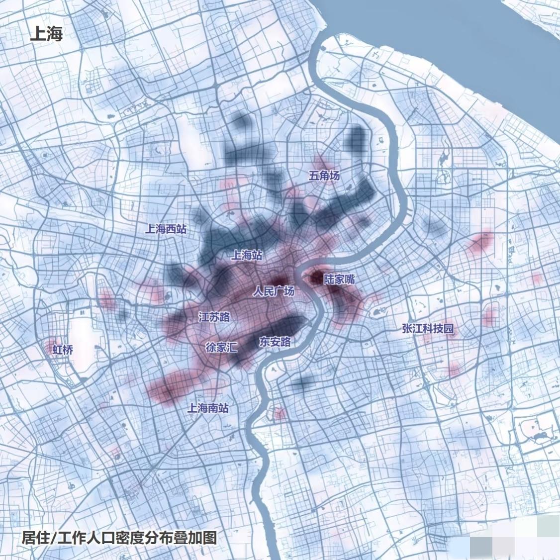 上海职住分布，感觉这居住密度图有点反直觉[吐舌头眯眼睛笑][吐舌头眯眼睛笑]