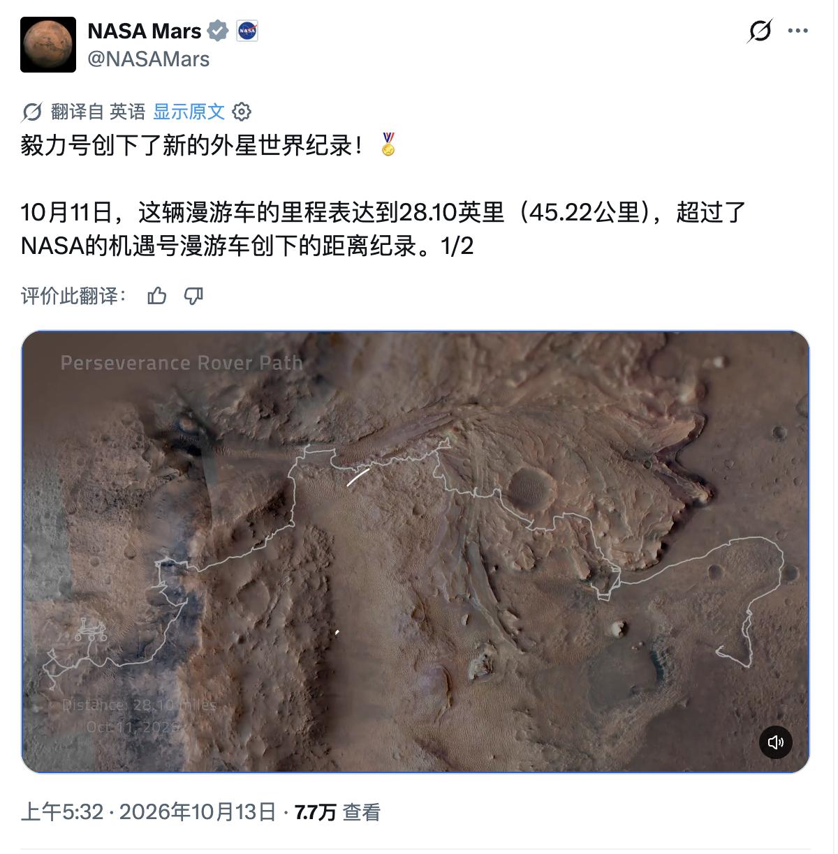 NASA火星车刷新人类外星陆地行驶纪录毅力号2020年7月30日发射，2021