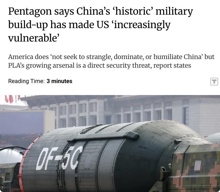 外媒：美国国防部在其年度报告中称，美国并不想遏制、支配或羞辱中国，只是希望阻止任