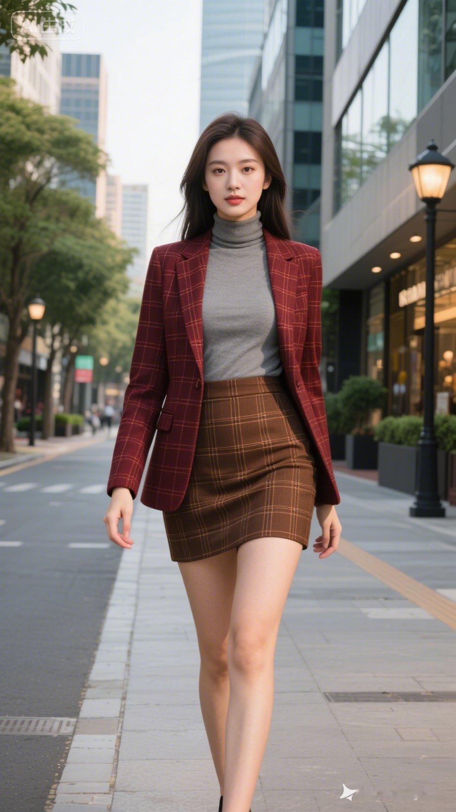 都市时尚穿搭指南：红格子西装外套+灰色高领衫+棕色短裙，自信走秀！👠💃🏻