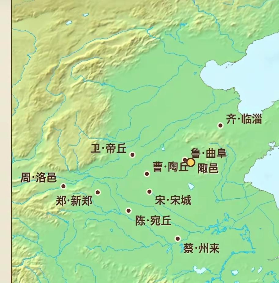 这是一张古代中国地图，标注了各个诸侯国。孔子周游列国是不是这些地方？大家解释一下