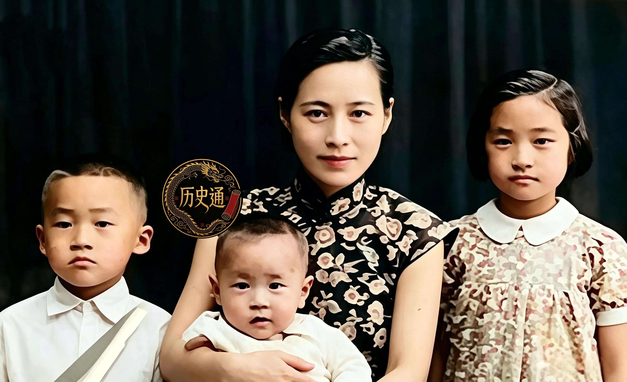 这是李敖五岁时与姐姐、弟弟和母亲在一起。此时，李敖看起来已有一股倔强之气。照片里的女人眉眼利落，气场