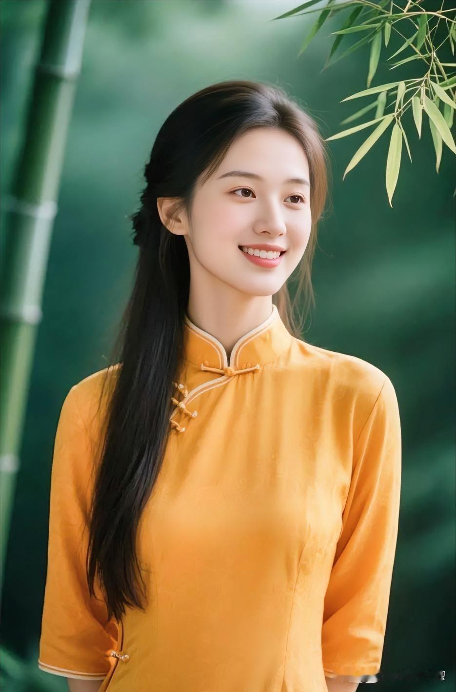 明黄衣袂，笑意盈盈。竹影婆娑间，温婉如初绽的山花，清雅脱俗，将东方的柔美与生机悄