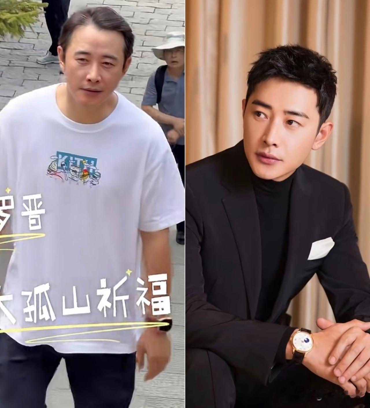 发型对男明星太重要了，罗晋没了假发直接变中年男人。在他私下祈福的路透里，卸下造型