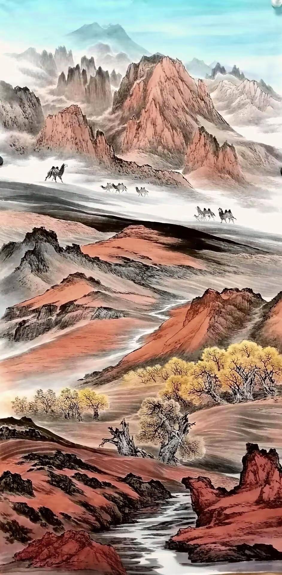 西域金秋。手绘国画青绿山水画创作者中心创作灵感意境山水画