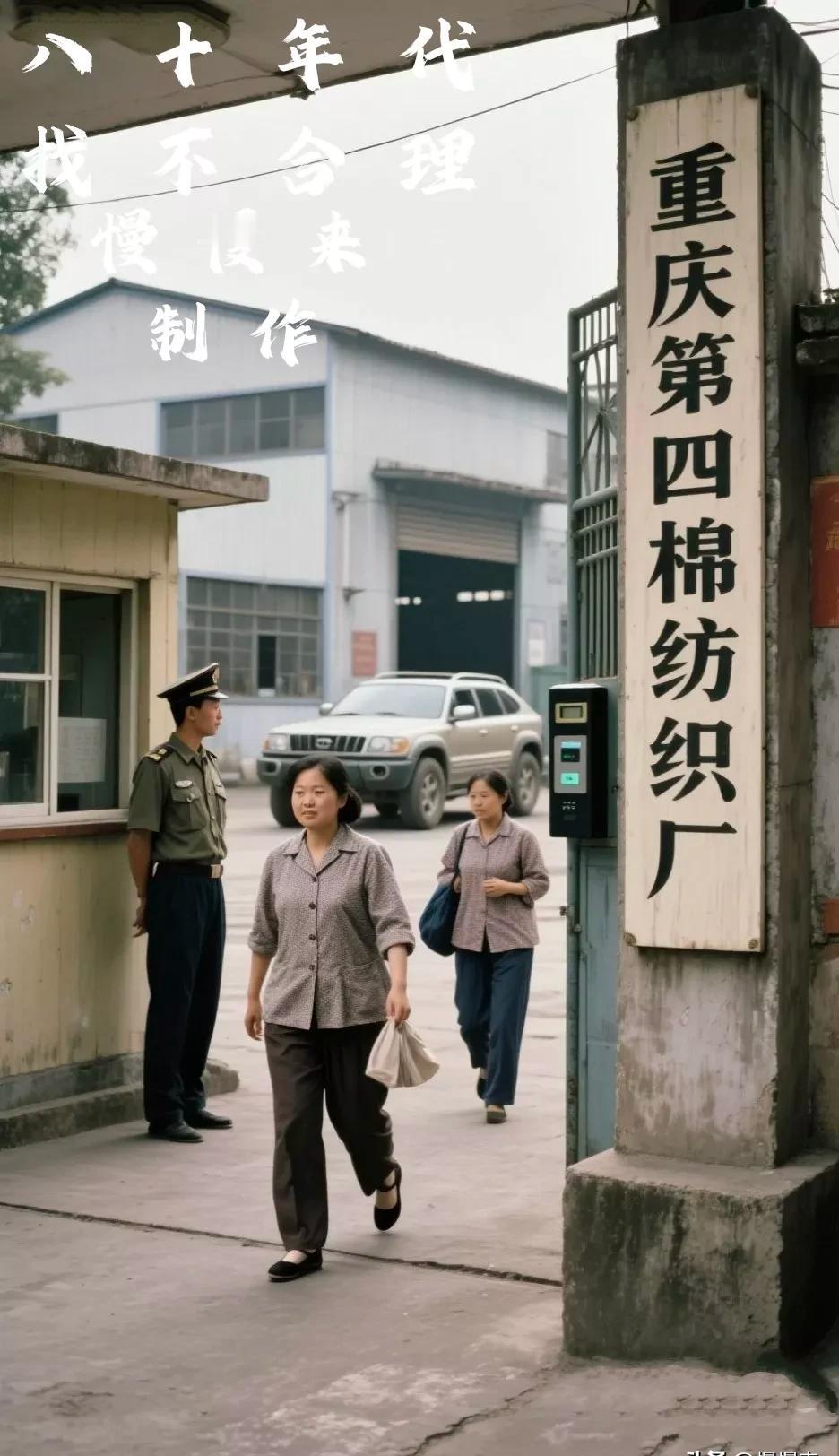 厂门照片一眼假！80年代重庆第四棉纺织厂，牌匾像P图浮在空气里。水泥墩子