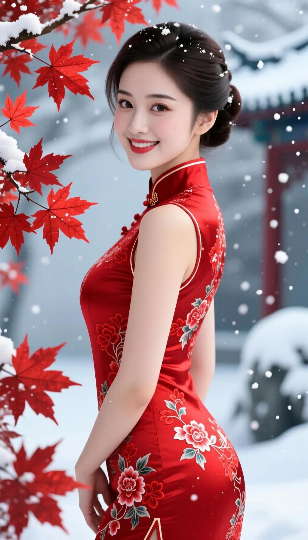冬日红衣美人，雪中绽放如花