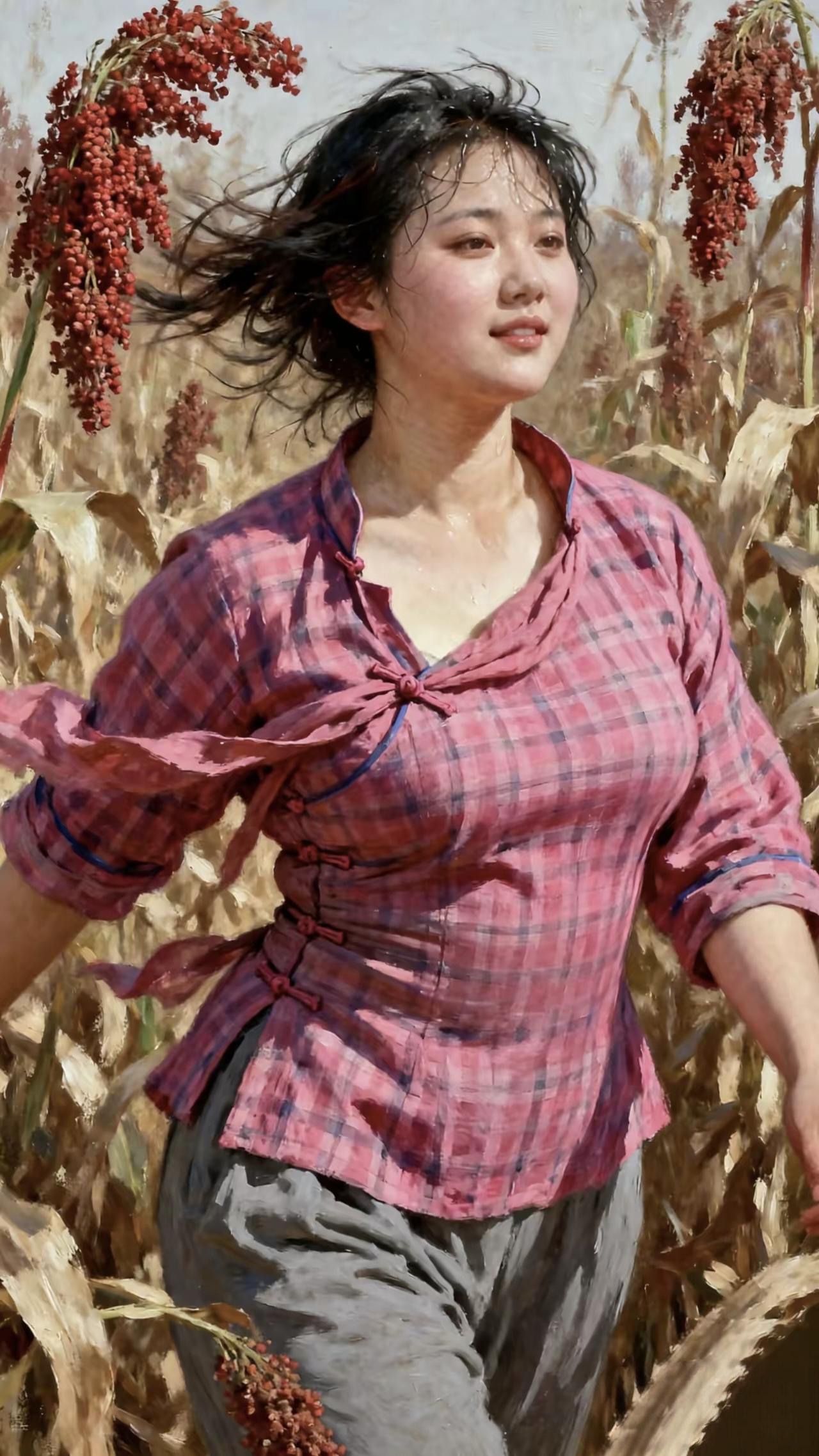 AI生成图片时怎么知道？从高粱地走出来的女子，上衣就要松弛一些。而抱着棒子从玉米