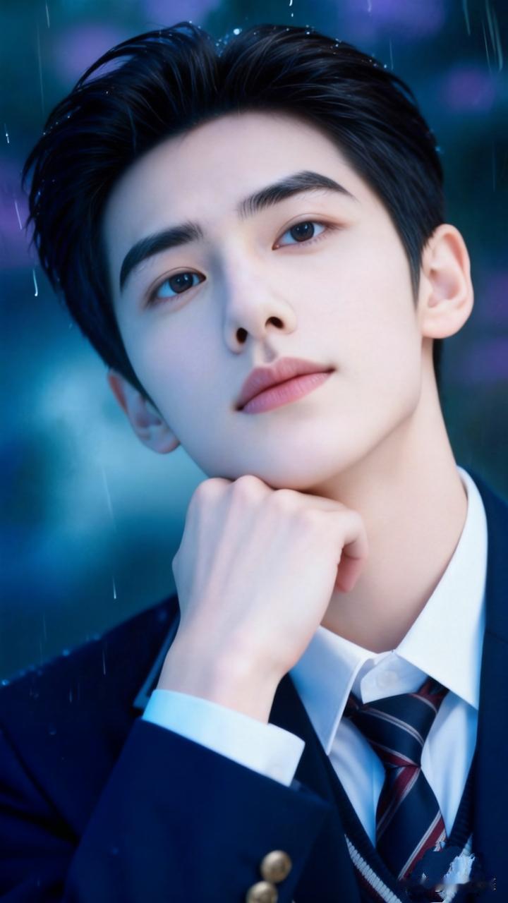 雨丝漫过黄昏，把世界揉成朦胧的蓝。你支着下巴，望向镜头外，眼神里装着没说的