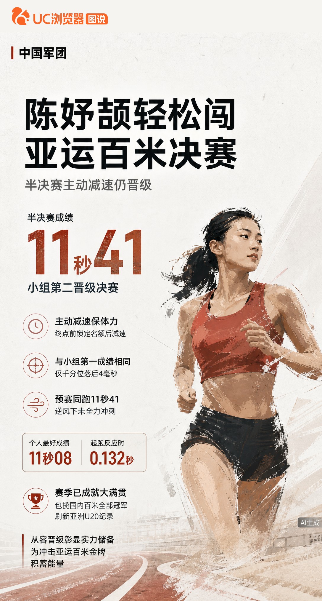 名古屋亚运女子百米半决赛，陈妤颉终点前主动减速仍跑出11秒41晋级。预赛也是这个成绩且未全力，小孩姐