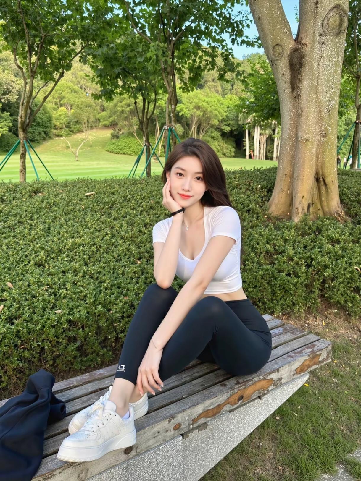 白短T+黑瑜伽裤，公园松弛感直接拉满✨逛公园就爱这种舒服又上镜的搭配。白