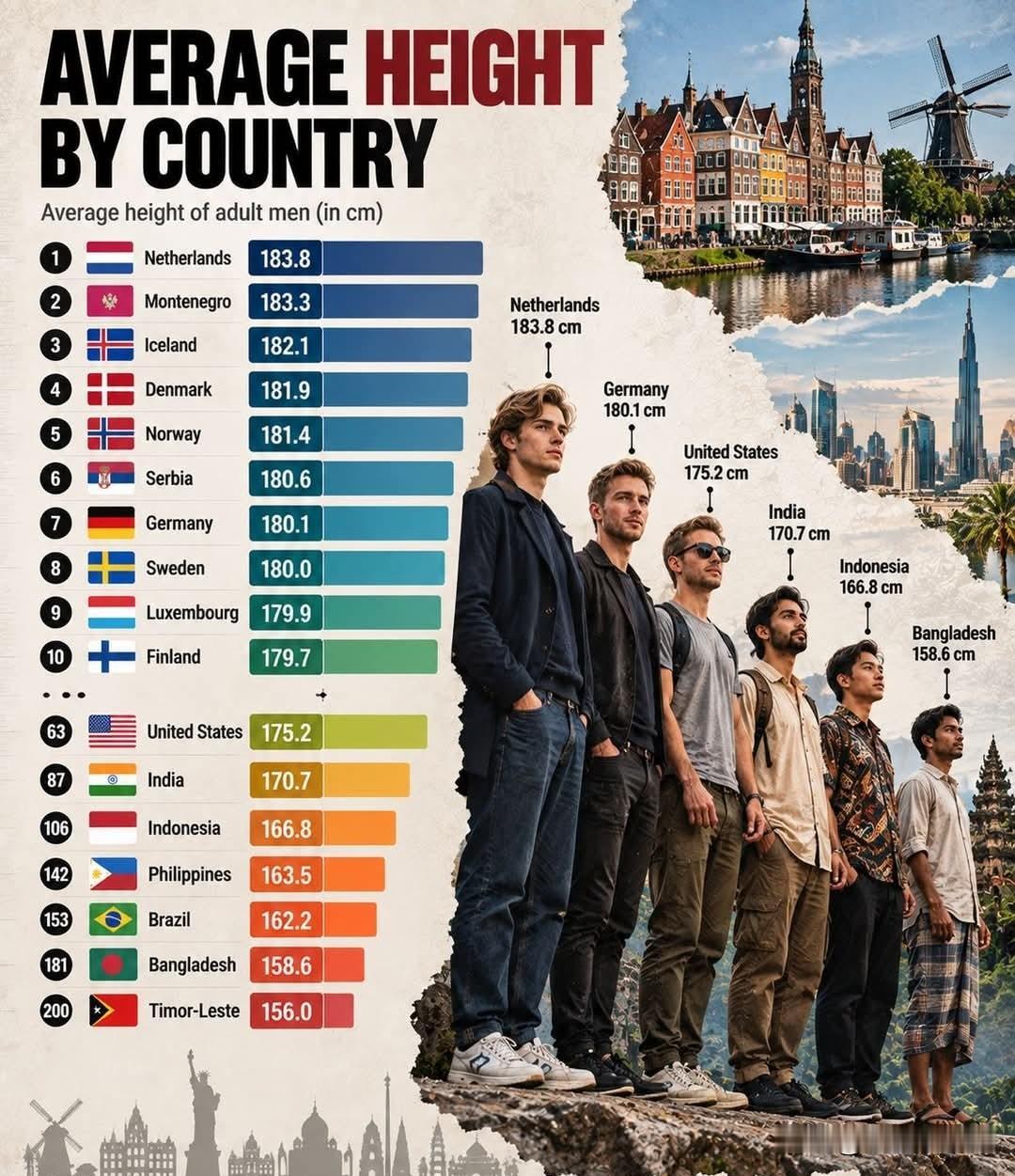 哪个国家拥有全球最高的男性？荷兰🇳🇱位居榜首，男性平均身高183.