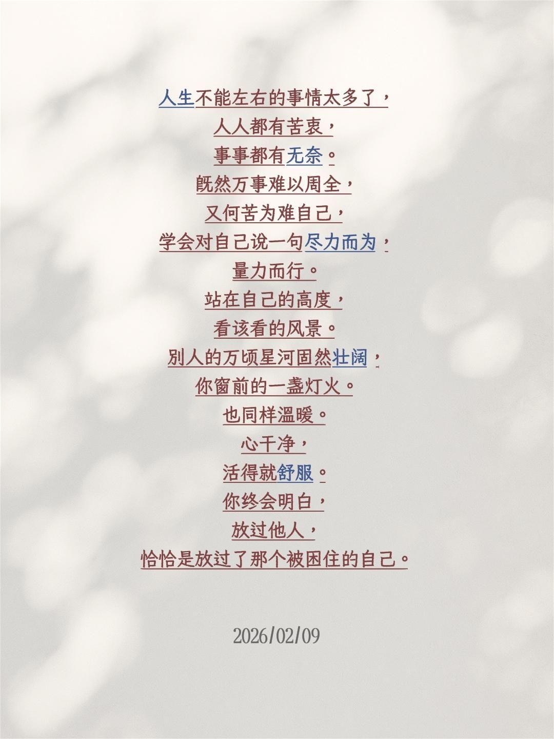 人生不能左右的事情太多了，人人都有苦衷，事事都有无奈。既然万事难以周全，又何苦为