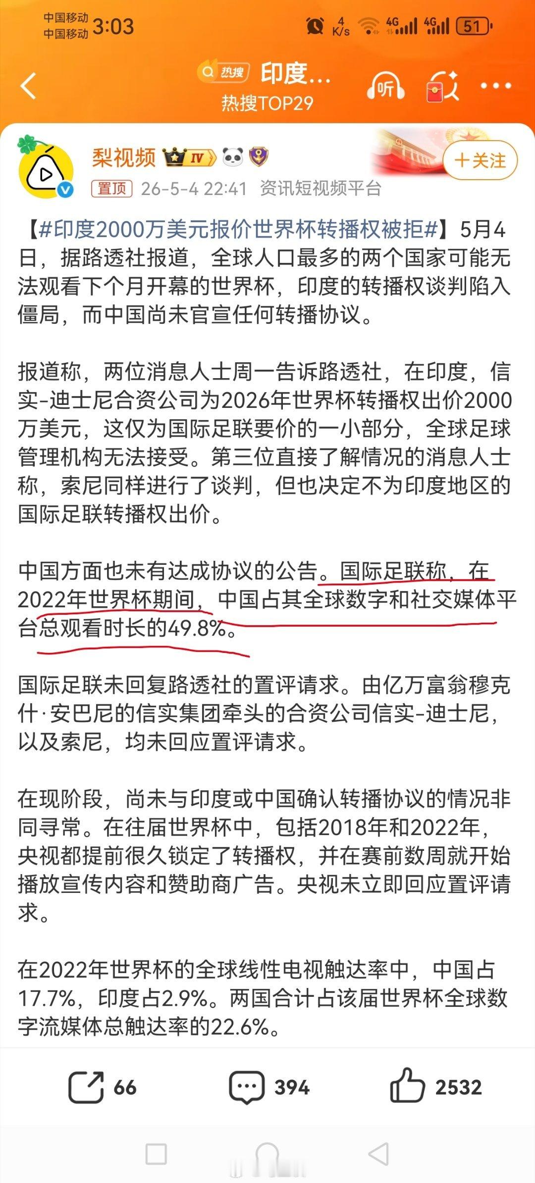 印度2000万美元报价世界杯转播权被拒梨视频是哪里的媒体？是官方吗？怎么报道一