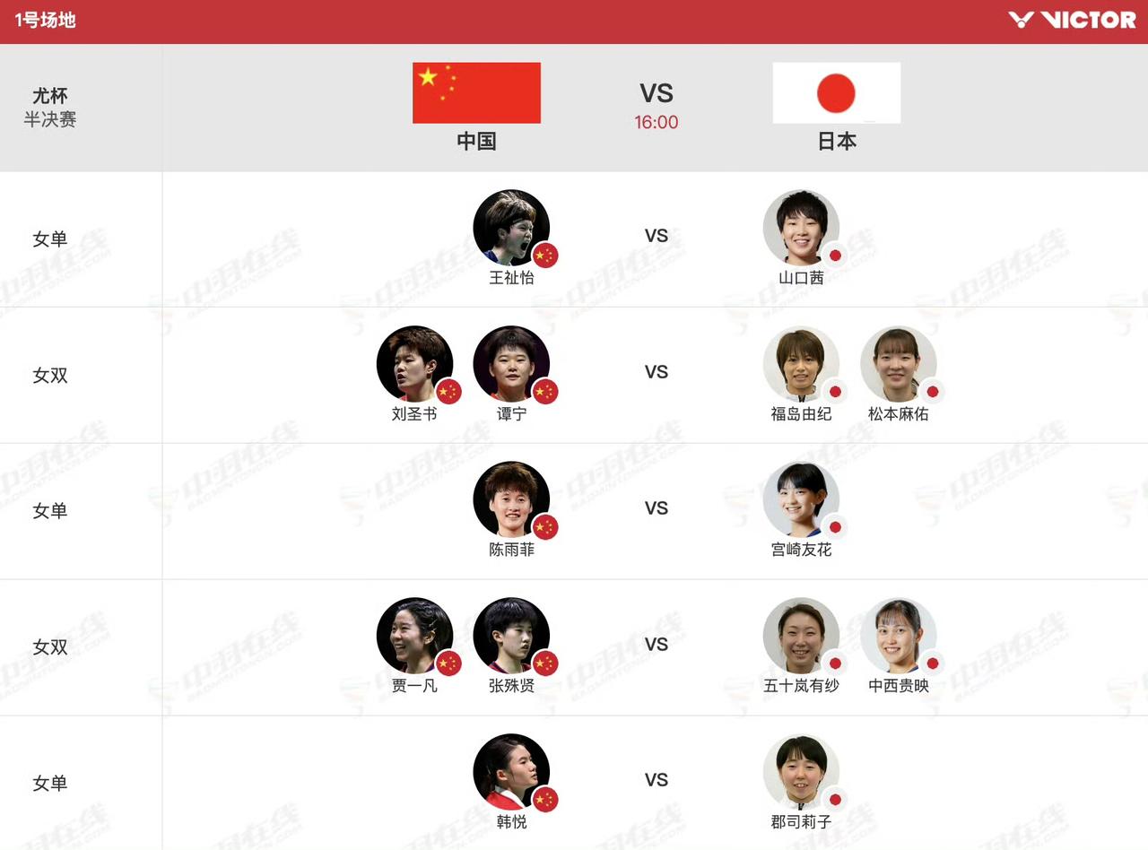 半决赛！国羽女团🇨🇳VS日本女团🇯🇵！2026年尤伯杯半决赛今天下午