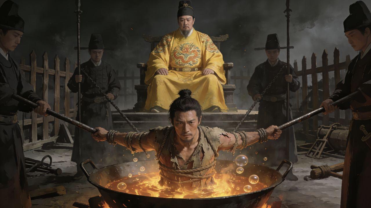 1402年，37岁的兵部尚书铁铉被朱棣投入滚油之中，太监们持铁棒试图翻转他焦黑的