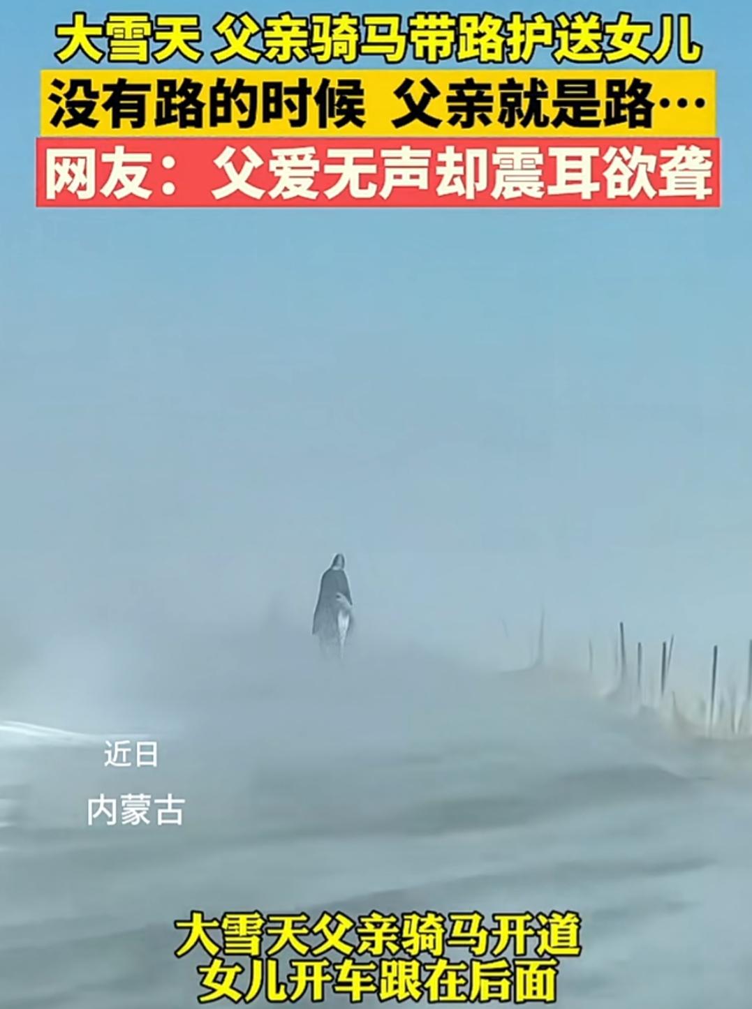 父爱在这一刻具象化了。大雪天没有路，父亲便是路。女子大雪天驾车出门，因为大风