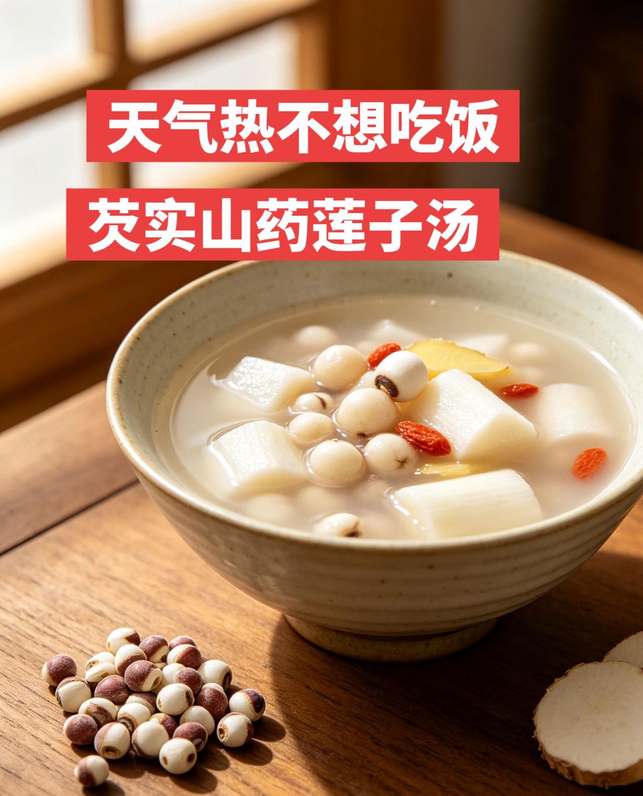 食材（2人份）干芡实20g、干莲子20g、铁棍山药300g、红枣5颗、枸杞
