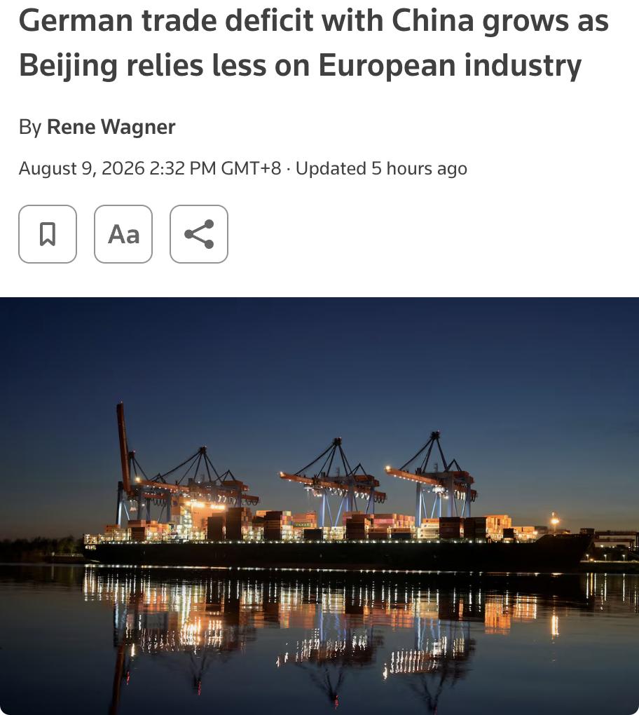 外媒：2026年上半年，德国对华出口同比下降超12%至不足370亿欧元，中国从德