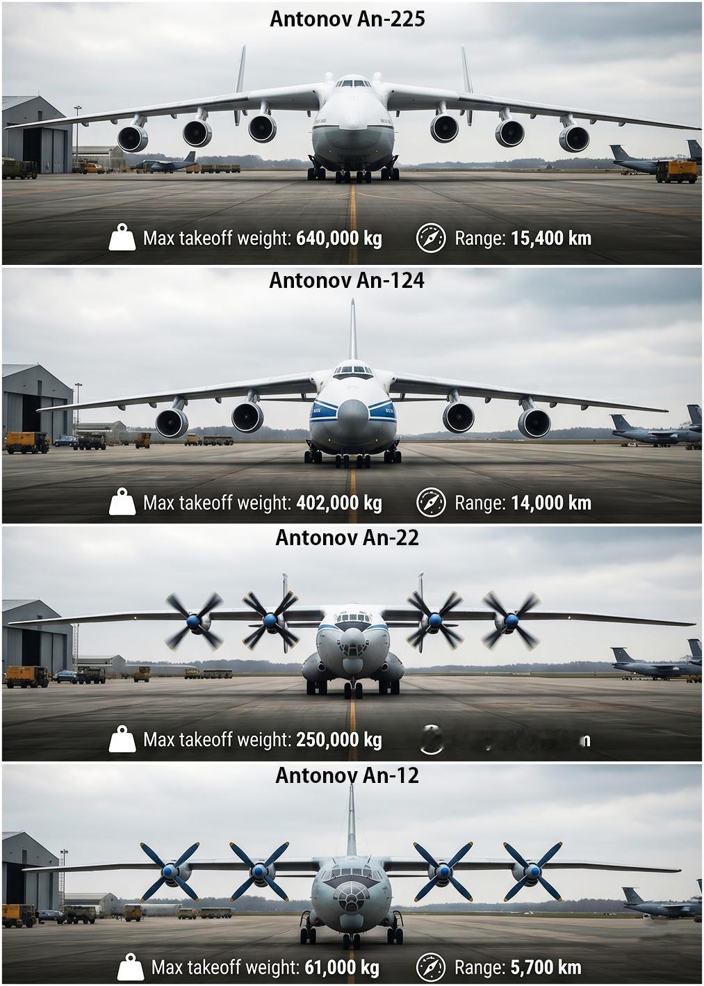 这张图直接展示了苏联/乌克兰安东诺夫设计局的四大经典军用运输机，它们代表了苏联航