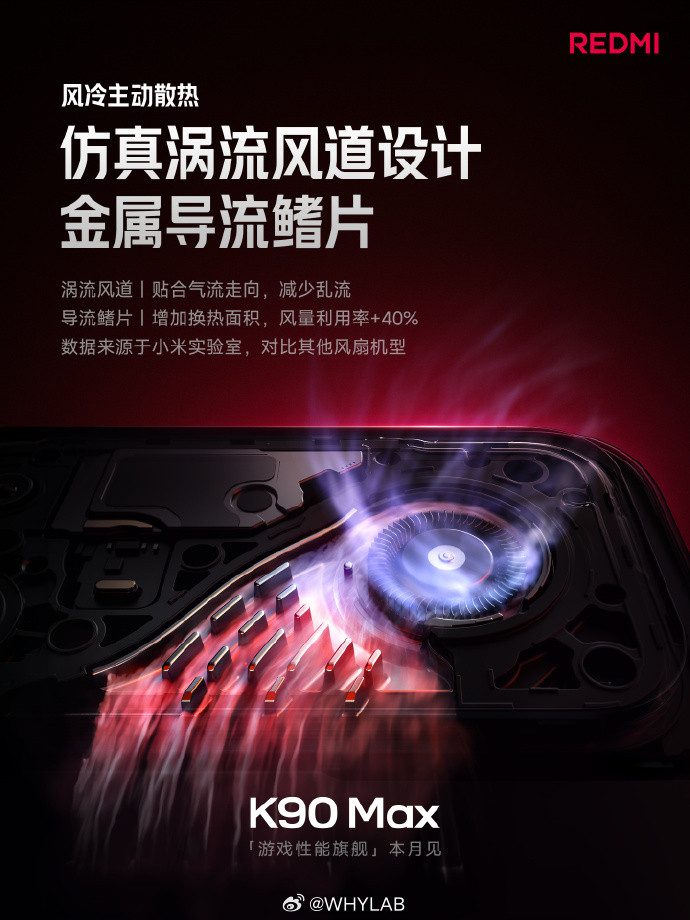 REDMIK90Max采用18.1mm尺寸风扇，直立式进风，每分钟风量