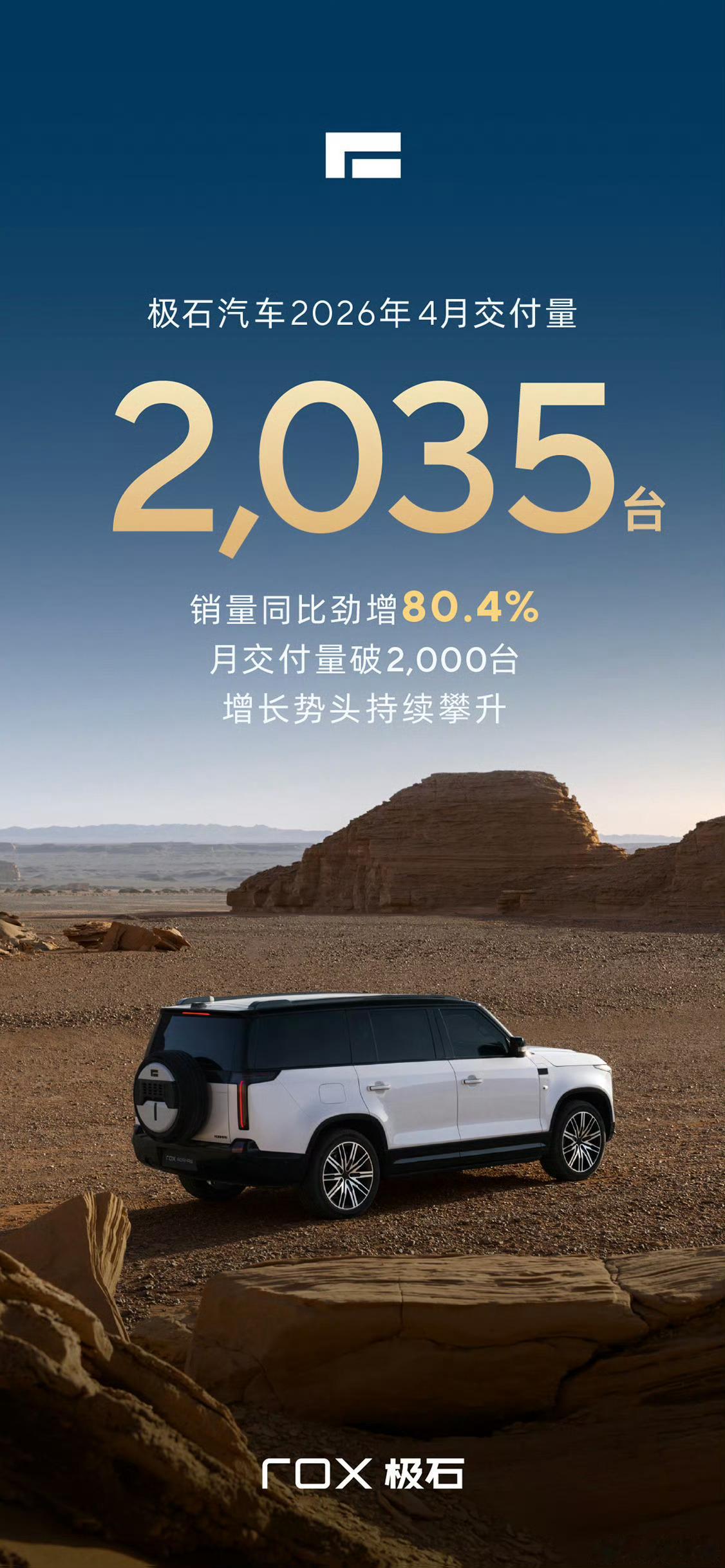 明天就是五月第一天，第一个发销量的依旧是极石汽车，2026年4月交付2035台