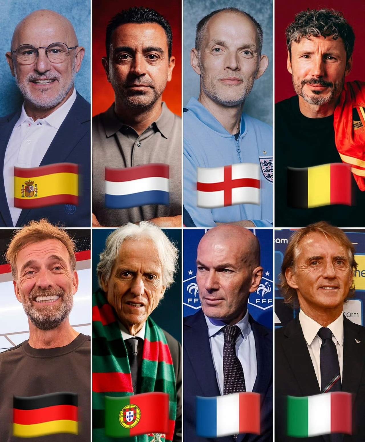开始期待2028欧洲杯了，教练阵容比球星阵容更光亮！德国：克洛普法国：齐达内荷兰