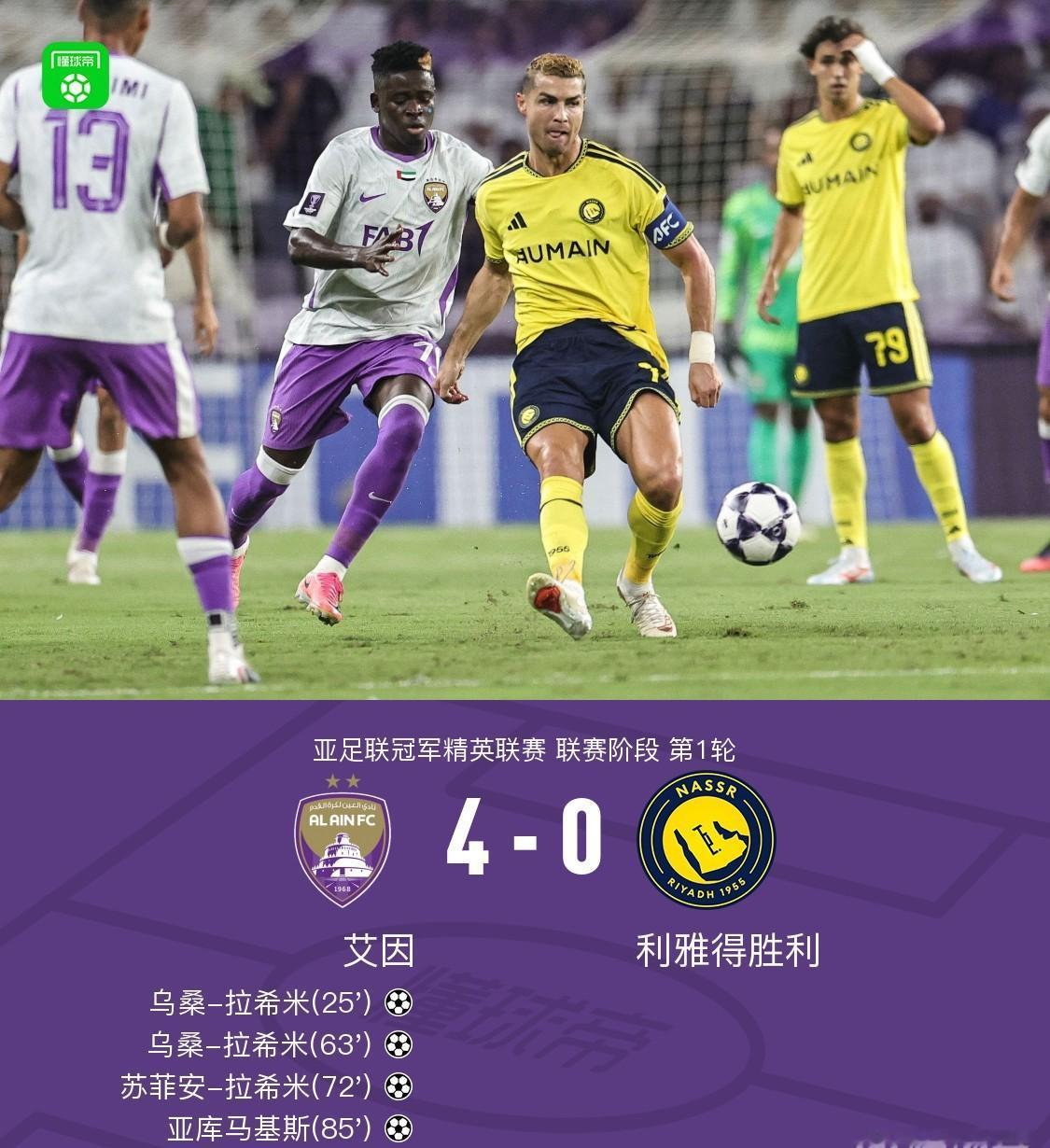 评分系统对C罗不是不友好，是友好得离谱！利雅得胜利客场0-4被艾因血洗，C罗打满90分钟，5次射门1