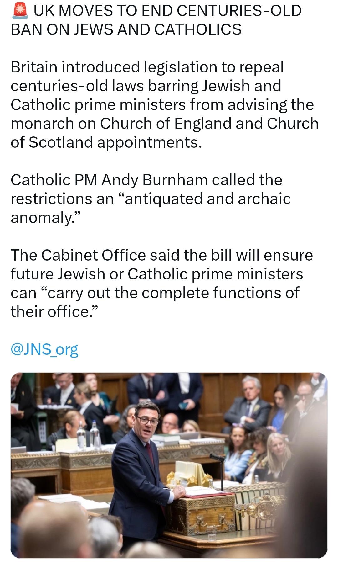 英国决定废除禁止犹太人和天主教徒的数百年禁令英国引入立法，废除已有数百年历史的