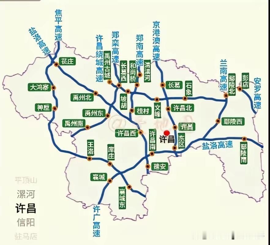 这是河南许昌境内的高速线路走向。襄县在许昌真憋屈，一直都是靠边站，高铁高速都故意