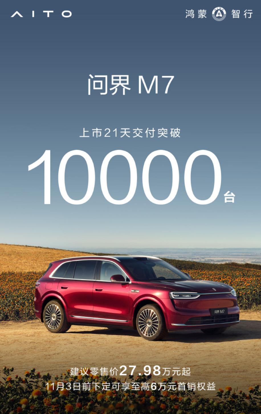 全新问界M7上市21天交付突破10000台新能源汽车全新问界m7​​​